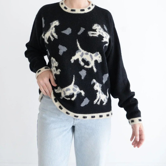 Vintage Basta Black & Cream Dogs Knit 47% Wool Crewneck Sweater Size Medium - Picture 2 of 12